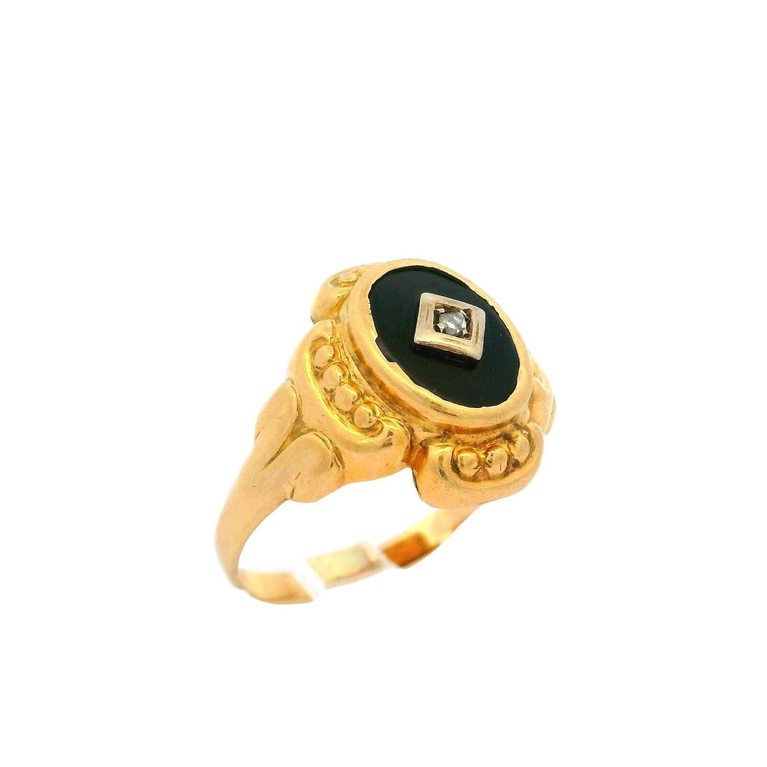 Antique Ostby Barton 10k Yellow Gold Petite Diamond Black Onyx Men's Ring: Antique Ostby Barton 10k Yellow Gold Petite Diamond Black Onyx Men's Ring Style: Band Type: Rings Main Stone: Diamond Main Stone Shape: Rose Cut Main Stone Color: White/Colorless Secondary Stone: Onyx