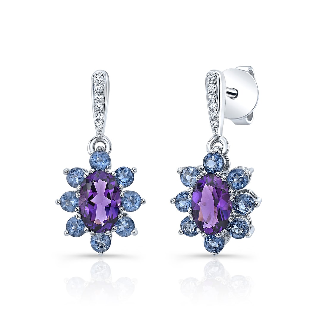 Floral Drop Earrings with Amethyst Iolite Diamonds in 14k White Gold: Floral Drop Earrings with Amethyst Iolite Diamonds in 14k White Gold Amethyst, Iolite And Diamond Floral Drop Earrings In 14k White Gold. 14k Whtie Gold Earrings With 2 Oval Amethysts At 6x4mm 16 Roun