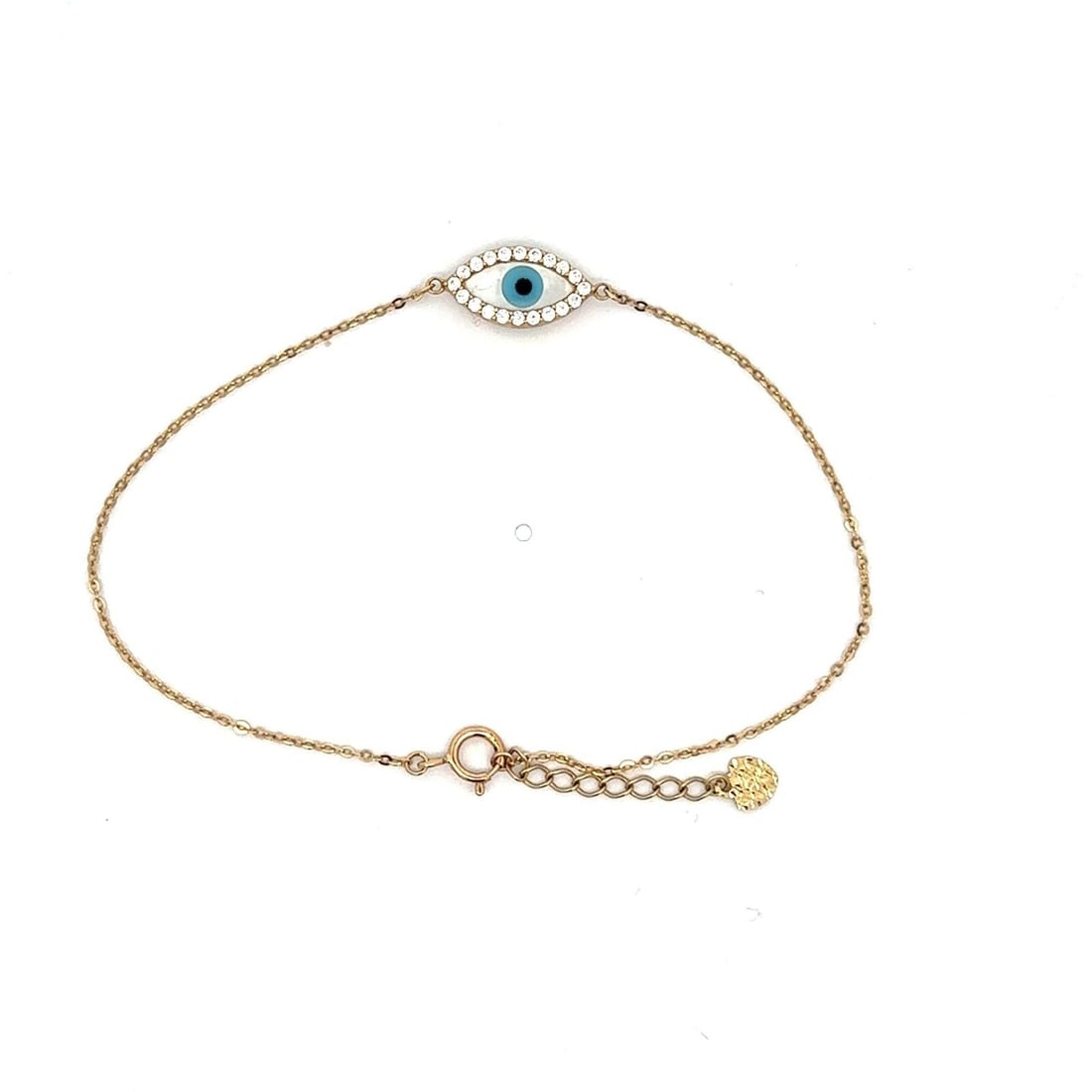 Elegant 14k Yellow Gold Mother of Pearl Evil Eye Bracelet with Cubic Zirconia: Elegant 14k Yellow Gold Mother of Pearl Evil Eye Bracelet with Cubic Zirconia This exquisite 14k Yellow Gold Mother of Pearl & Cubic Zirconia Navette Shape Evil Eye Bracelet features a stylish chain d