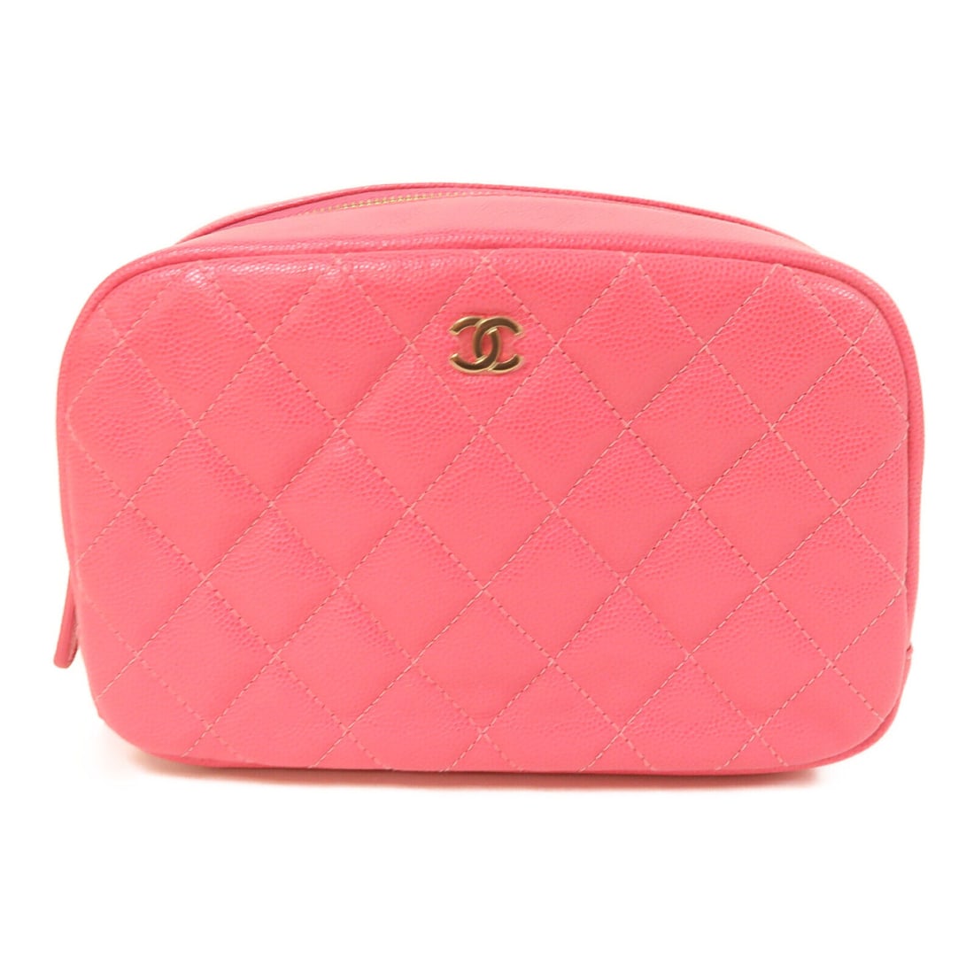 CHANEL Pink Caviar Skin Quilted CC Pouch Clutch Bag 4.7 inches: CHANEL Pink Caviar Skin Quilted CC Pouch Clutch Bag 4.7 inches This CHANEL Quilted CC GHW Accessories Pouch Clutch Bag is crafted from high-quality caviar skin, showcasing a beautiful pink exterior. T