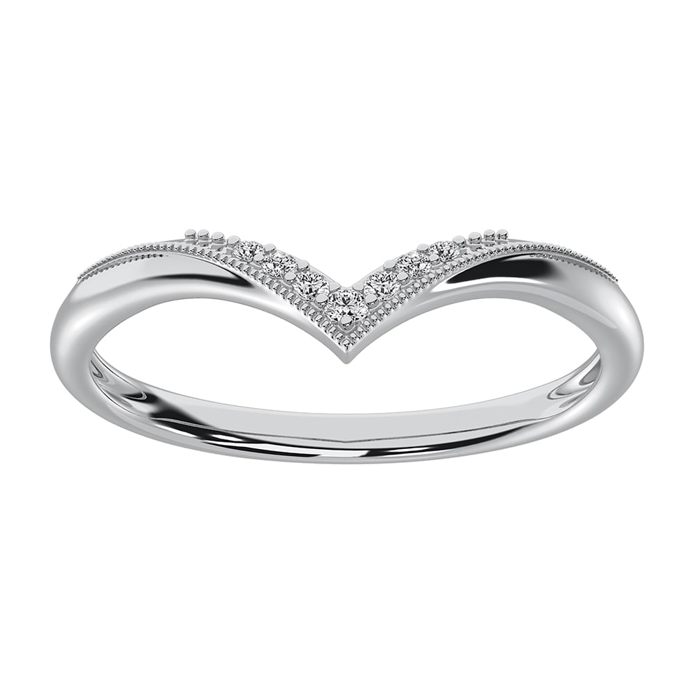 10K White Gold Chevron Band with 7 Round Diamonds: 10K White Gold Chevron Band with 7 Round Diamonds This stunning chevron band is crafted from 10K white gold, featuring a total of 7 round diamonds. The diamonds have a combined weight of 1/20 ct. tw.,