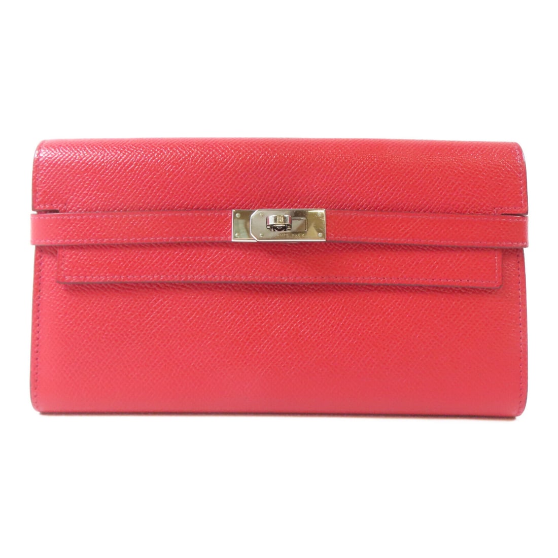 HERMES Kelly Double Sided Long Wallet Veau Epsom Leather Rouge Casaque Red: HERMES Kelly Double Sided Long Wallet Veau Epsom Leather Rouge Casaque Red This HERMES Kelly Long Wallet is a double-sided design crafted from high-quality Veau Epsom leather in a striking Rouge Casaq