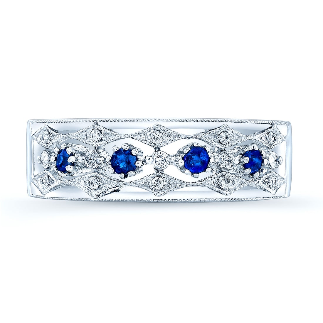 Elegant 14k White Gold Sapphire Diamond Triple Row Ring: Elegant 14k White Gold Sapphire Diamond Triple Row Ring Classic And Elegant, This Millgrain Design Band Features Sapphire (0.20ctw) And Diamonds (0.10ctw) Exquisitely Pave And Prong Set In 14k White G