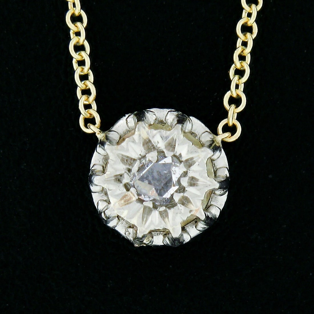 Antique 18k Gold Platinum 0.06ct Old Rose Cut Diamond Pendant Necklace: Antique 18k Gold Platinum 0.06ct Old Rose Cut Diamond Pendant Necklace Total Carat Weight: 0.06ctw. Chain Type: Cable. Type: Pendant. Secondary Stone: No Stone. Main Stone Color: White. Number Of Diam