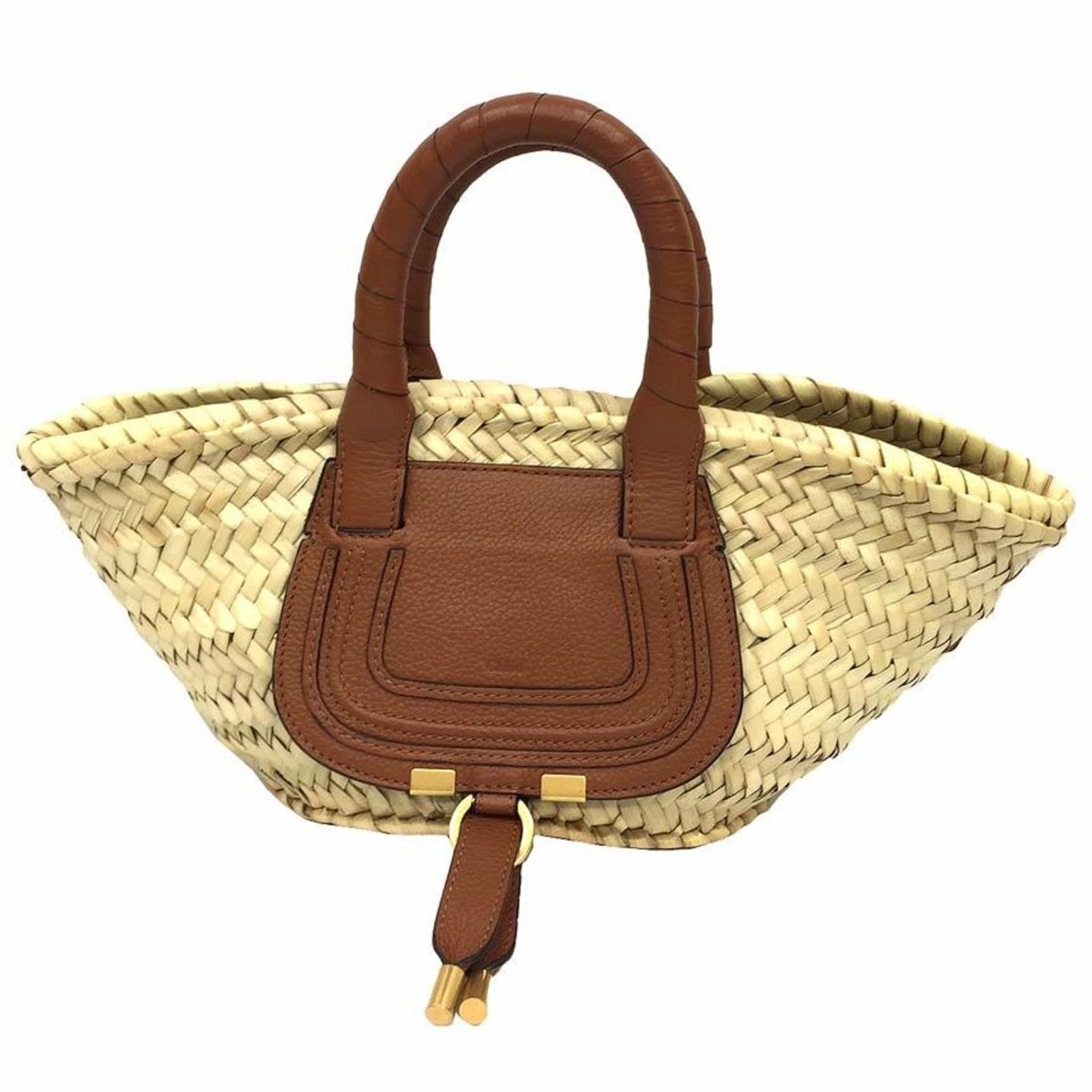 Chloe Marcie Tan Brown Raffia Leather Basket Handbag: Chloe Marcie Tan Brown Raffia Leather Basket Handbag This Chloe Marcie handbag is crafted from a combination of raffia and calf leather, featuring a stylish basket design. The bag is presented in a ri