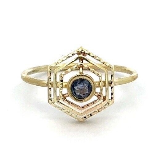 Antique 14k Yellow Gold Sapphire Hexagon Stackable Ring Size 6.5: Antique 14k Yellow Gold Sapphire Hexagon Stackable Ring Size 6.5 This antique ring features a solid 14k yellow gold construction with a round brilliant sapphire set in a petite open hexagon design. Th