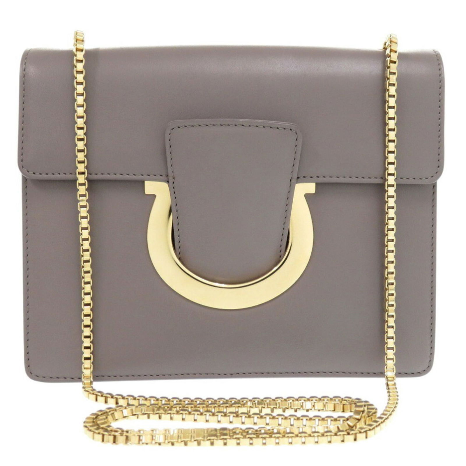 Salvatore Ferragamo Gray Leather Shoulder Bag with Gold Hardware: Salvatore Ferragamo Gray Leather Shoulder Bag with Gold Hardware This Salvatore Ferragamo shoulder bag is crafted from high-quality leather in a sophisticated gray color. The design features gold hard