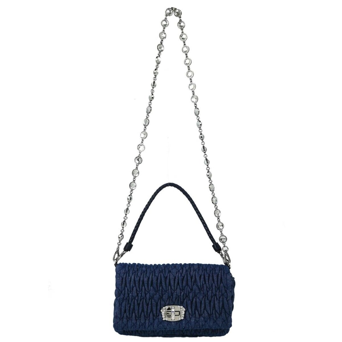Miu Miu Vintage Blue Denim Matelasse Top Handle Handbag 8 inches: Miu Miu Vintage Blue Denim Matelasse Top Handle Handbag 8 inches This Miu Miu Blue Denim Matelasse 2way Handbag (model 5BH012 246) features a stylish design ideal for both casual and formal occasions.