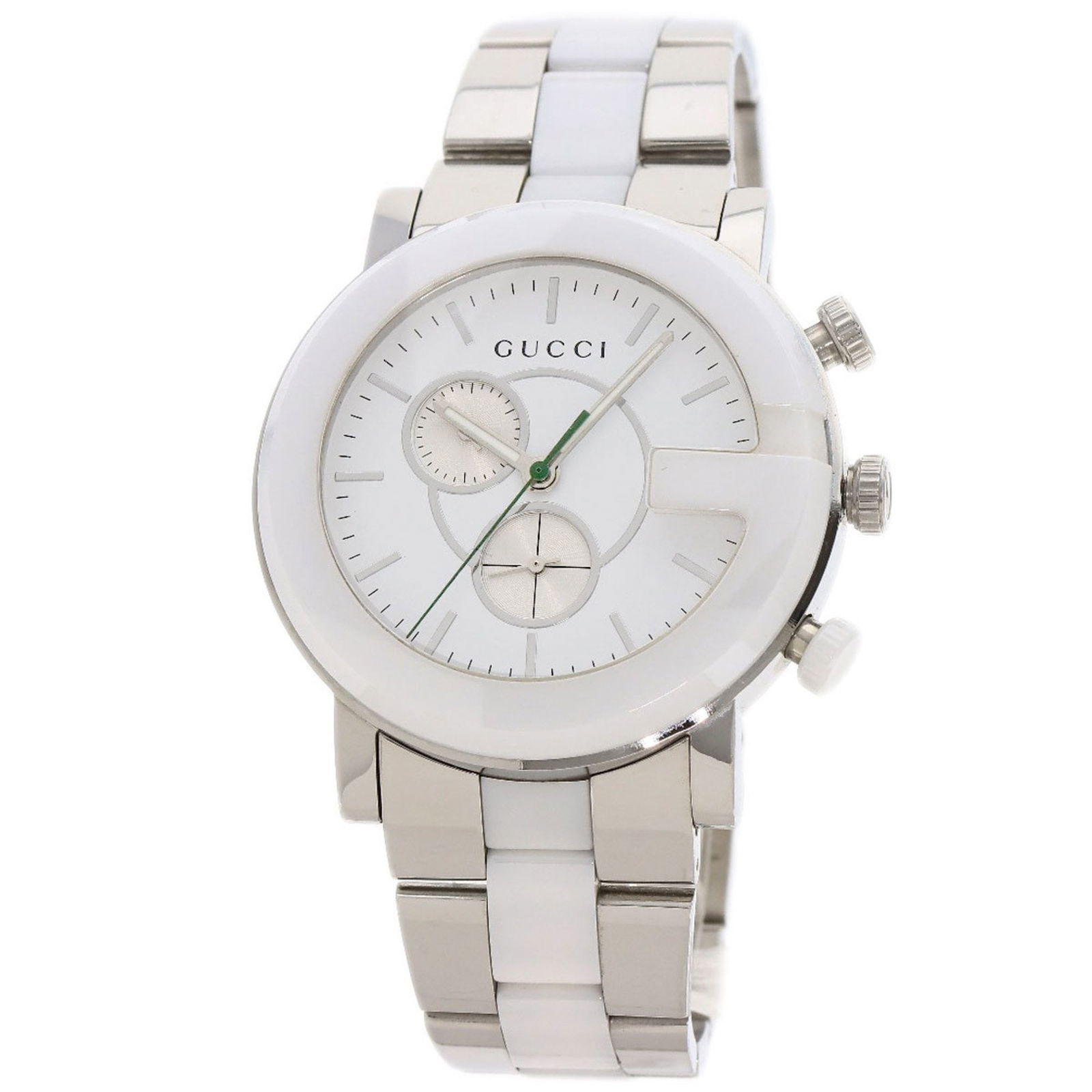 Gucci 101M G Chrono Mens Watch Ceramic Stainless Steel White Dial 44mm: Gucci 101M G Chrono Mens Watch Ceramic Stainless Steel White Dial 44mm This Gucci 101M G Chrono Watch is a stylish wristwatch designed for men. It features a case and band made from a combination of c