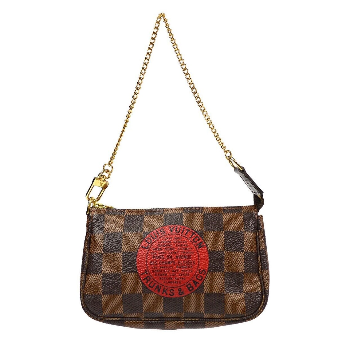 Louis Vuitton Mini Pochette Bag Damier Canvas Brown Zipper Closure Chain Strap: Louis Vuitton Mini Pochette Bag Damier Canvas Brown Zipper Closure Chain Strap This Louis Vuitton T&B Mini Pochette Accessoires Pouch Bag features a stylish Damier canvas leather exterior in a rich br