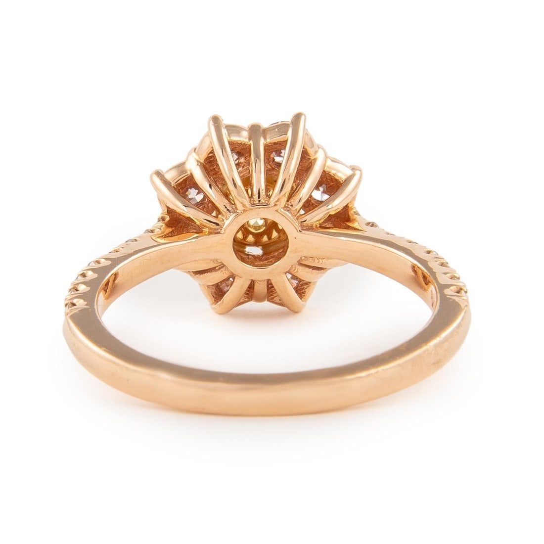 1.09ct Light Yellow Diamond Double Halo Ring in 18k Rose Gold: 1.09ct Light Yellow Diamond Double Halo Ring in 18k Rose Gold This exquisite 1.09ctt round light yellow diamond double halo ring features a stunning arrangement of diamonds set in 18k rose gold. The r