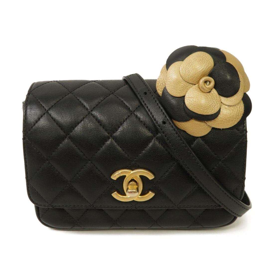 CHANEL Quilted CC Black Calfskin Waist Bag 4.7in Height: CHANEL Quilted CC Black Calfskin Waist Bag 4.7in Height This CHANEL Quilted CC Waist Bag is crafted from high-quality calfskin leather in a classic black color. Designed as a versatile body bag, it fe