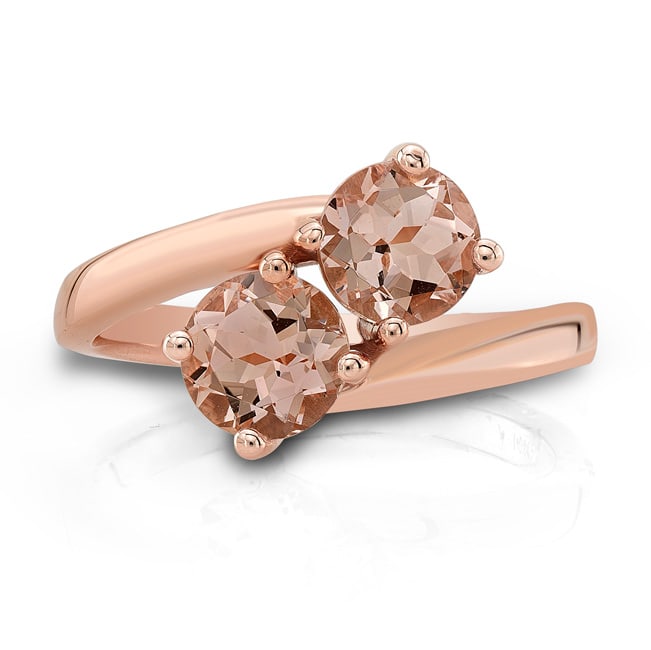 14k Rose Gold Morganite Duo Ring with 6mm Gemstones: 14k Rose Gold Morganite Duo Ring with 6mm Gemstones Vivid 6mm Round Morganite Duo Set In A Classic 14k Rose Gold Setting. 14k Rose Gold Ring With 2 Round Morganite Gmestones At 6mm. Tag Description: 1