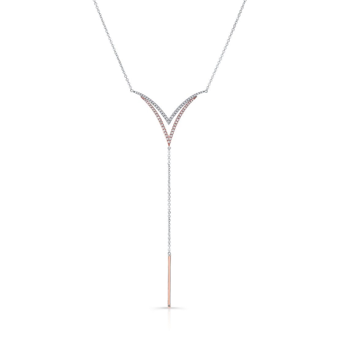 14k Rose White Gold Y-Necklace with 74 Diamonds 0.33ctw Adjustable Chain: 14k Rose White Gold Y-Necklace with 74 Diamonds 0.33ctw Adjustable Chain Diamond Pave Double-v Solid Bar Y-necklace In 14k Rose And White Gold (16-18 Inch Adjustable Chain). 14k Rose And White Gold Ne