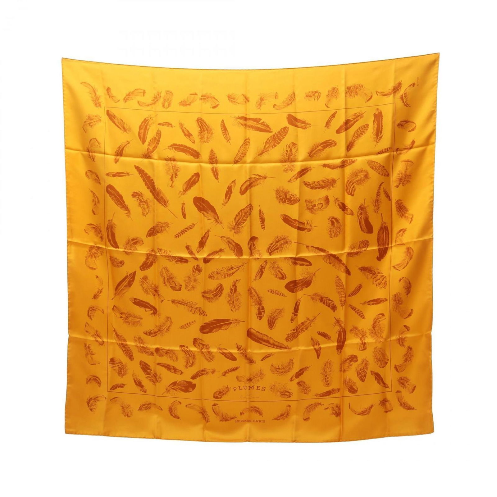 Hermes Carre 90 PLUMES Silk Scarf Orange Brown 34.64in by Henri de Linares: Hermes Carre 90 PLUMES Silk Scarf Orange Brown 34.64in by Henri de Linares This stunning Hermes Carre 90 PLUMES scarf features a vibrant brown and orange color palette designed by Henri de Linares. Cr