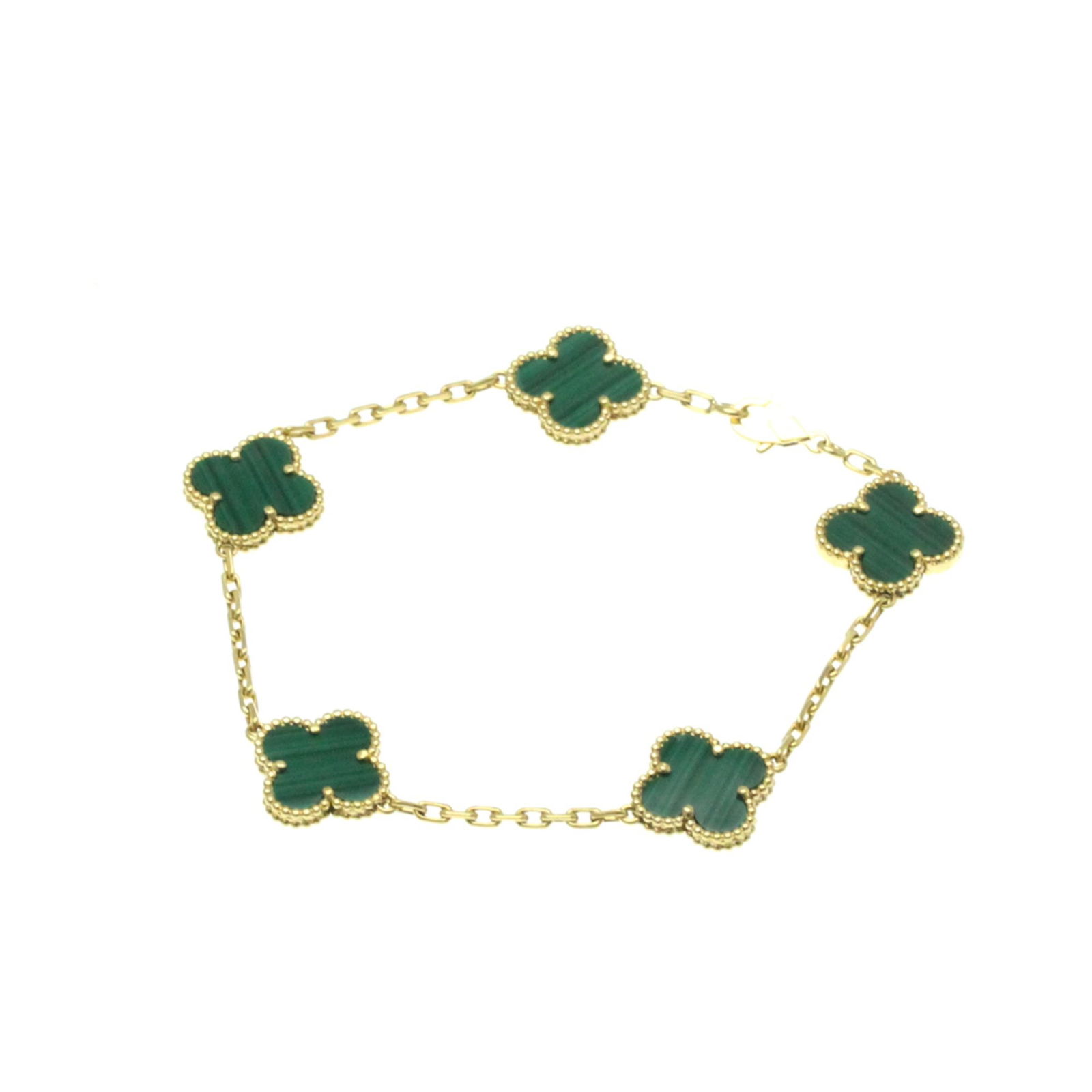Van Cleef & Arpels 18K Yellow Gold Malachite Charm Bracelet 18.5cm: Van Cleef & Arpels 18K Yellow Gold Malachite Charm Bracelet 18.5cm This Van Cleef & Arpels Vintage Alhambra Charm Bracelet is crafted from 18K yellow gold, showcasing a fashionable design suitable for