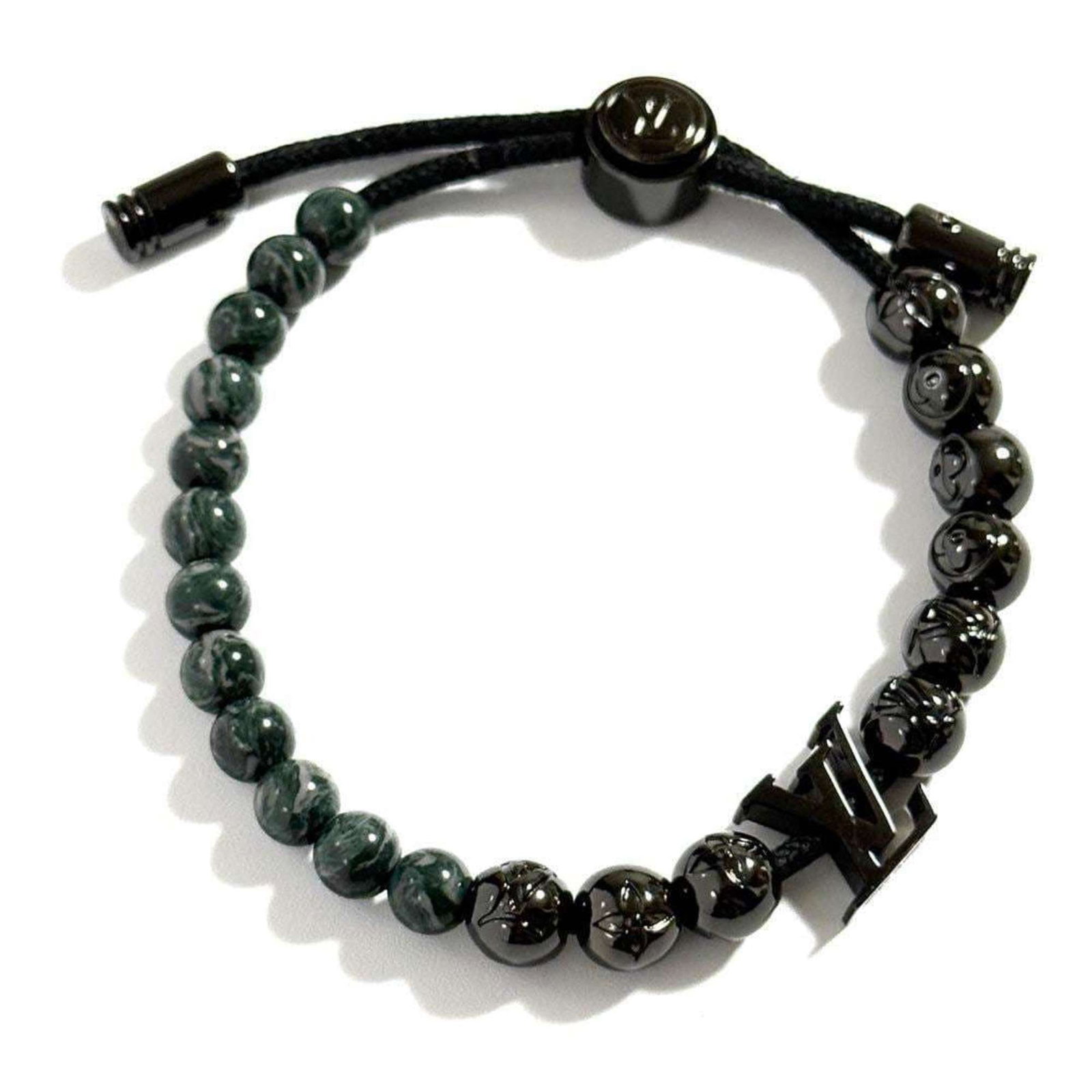 Louis Vuitton Men's Black Metal Charm Bracelet with Monogram Beads: Louis Vuitton Men's Black Metal Charm Bracelet with Monogram Beads This Louis Vuitton Men's Charm Bracelet features a striking design with monogram beads, crafted from high-quality metal. The bracelet