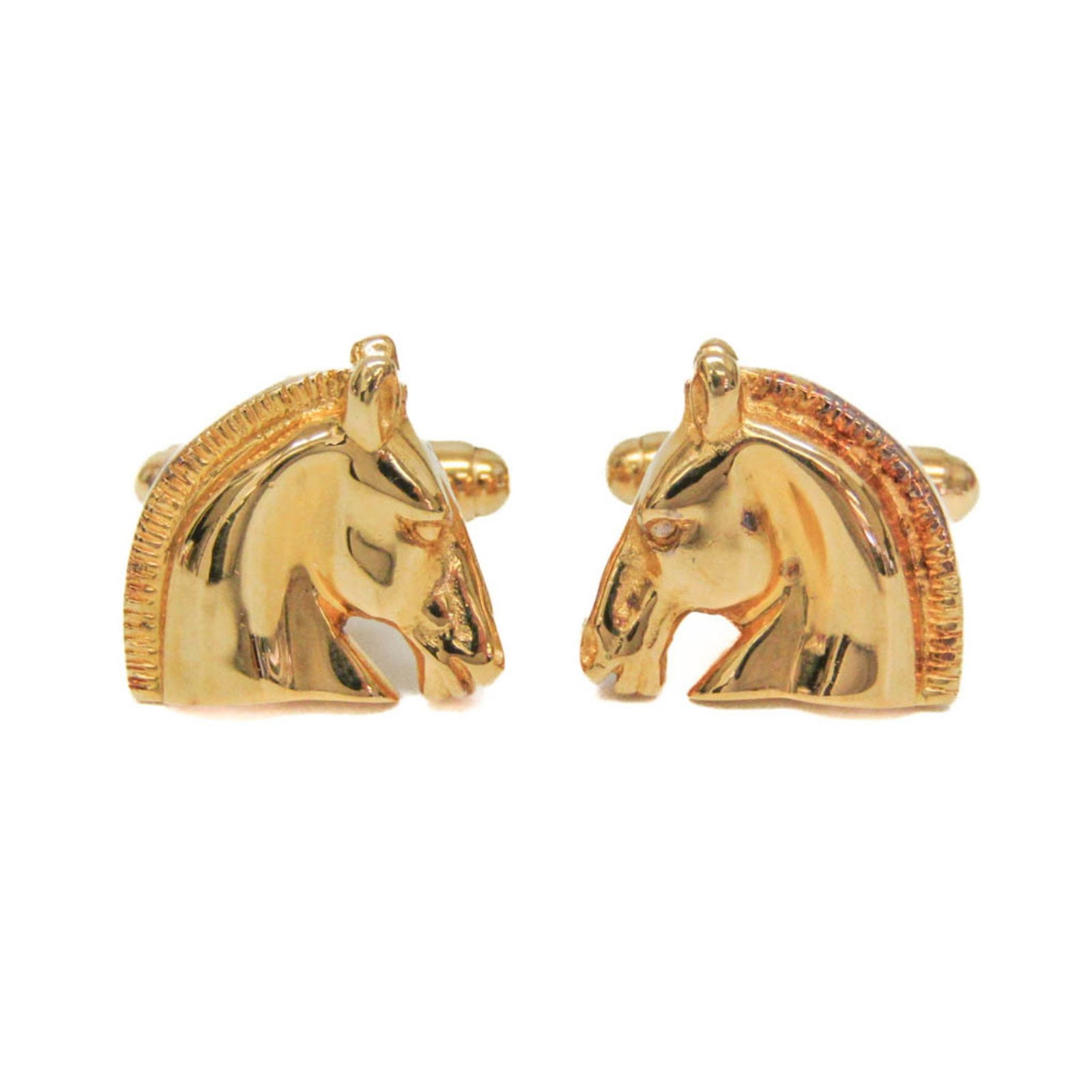 Hermes Gold Metal Horse Cufflinks with Fixed Backing for Men: Hermes Gold Metal Horse Cufflinks with Fixed Backing for Men These exquisite Hermes horse cufflinks feature a fixed backing design, perfect for the modern man. Crafted from metal, they showcase a luxu