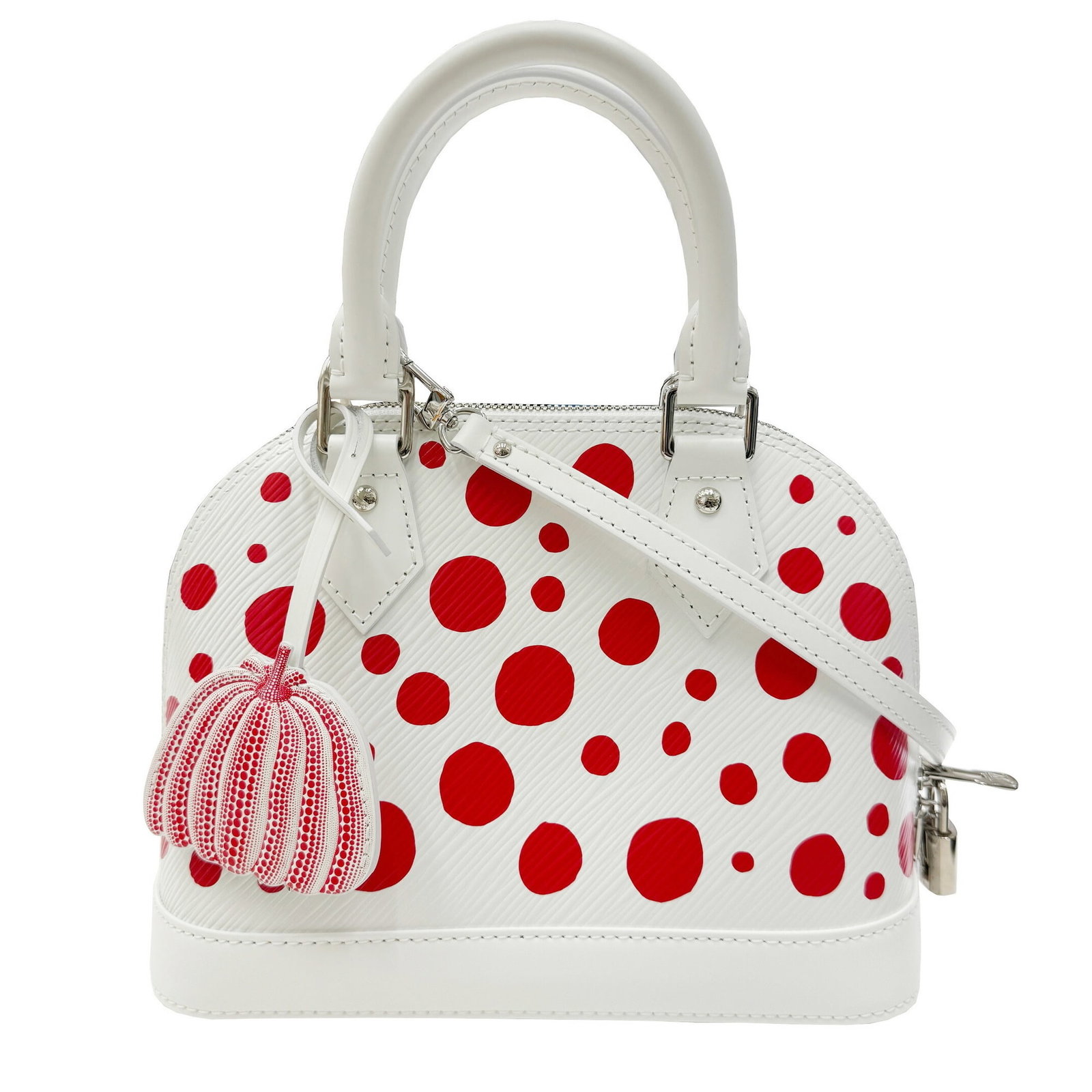 Louis Vuitton Alma BB Yayoi Kusama Epi Leather Shoulder Bag White Red: Louis Vuitton Alma BB Yayoi Kusama Epi Leather Shoulder Bag White Red This Louis Vuitton Alma BB handbag is a stylish collaboration with Yayoi Kusama, featuring a vibrant white and red Epi leather des
