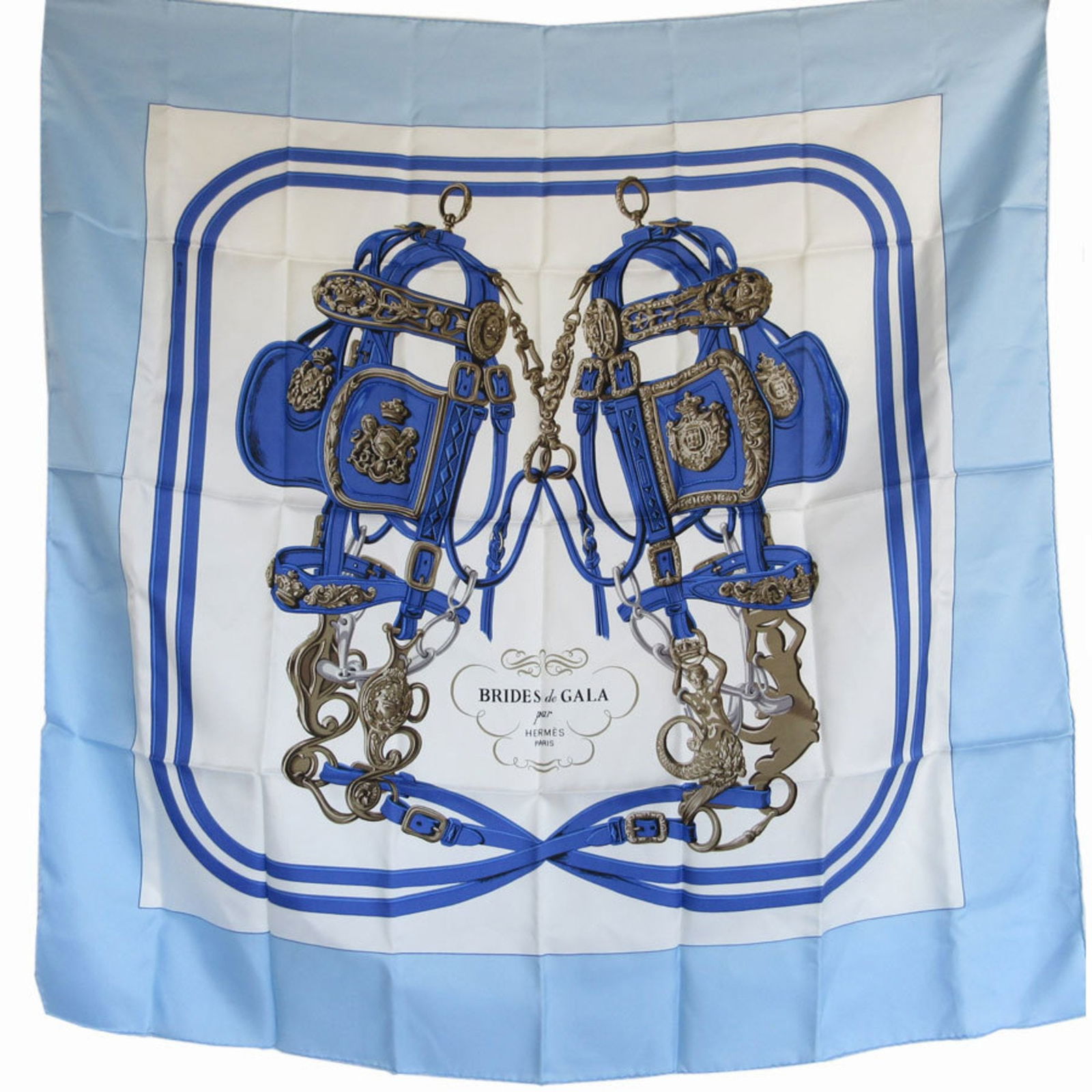 Hermes Brides de Gala Silk Scarf 89cm Blue White Women's Accessory: Hermes Brides de Gala Silk Scarf 89cm Blue White Women's Accessory Featuring a beautiful blue and white design, this Hermes scarf is crafted from luxurious silk, making it a perfect accessory for wome