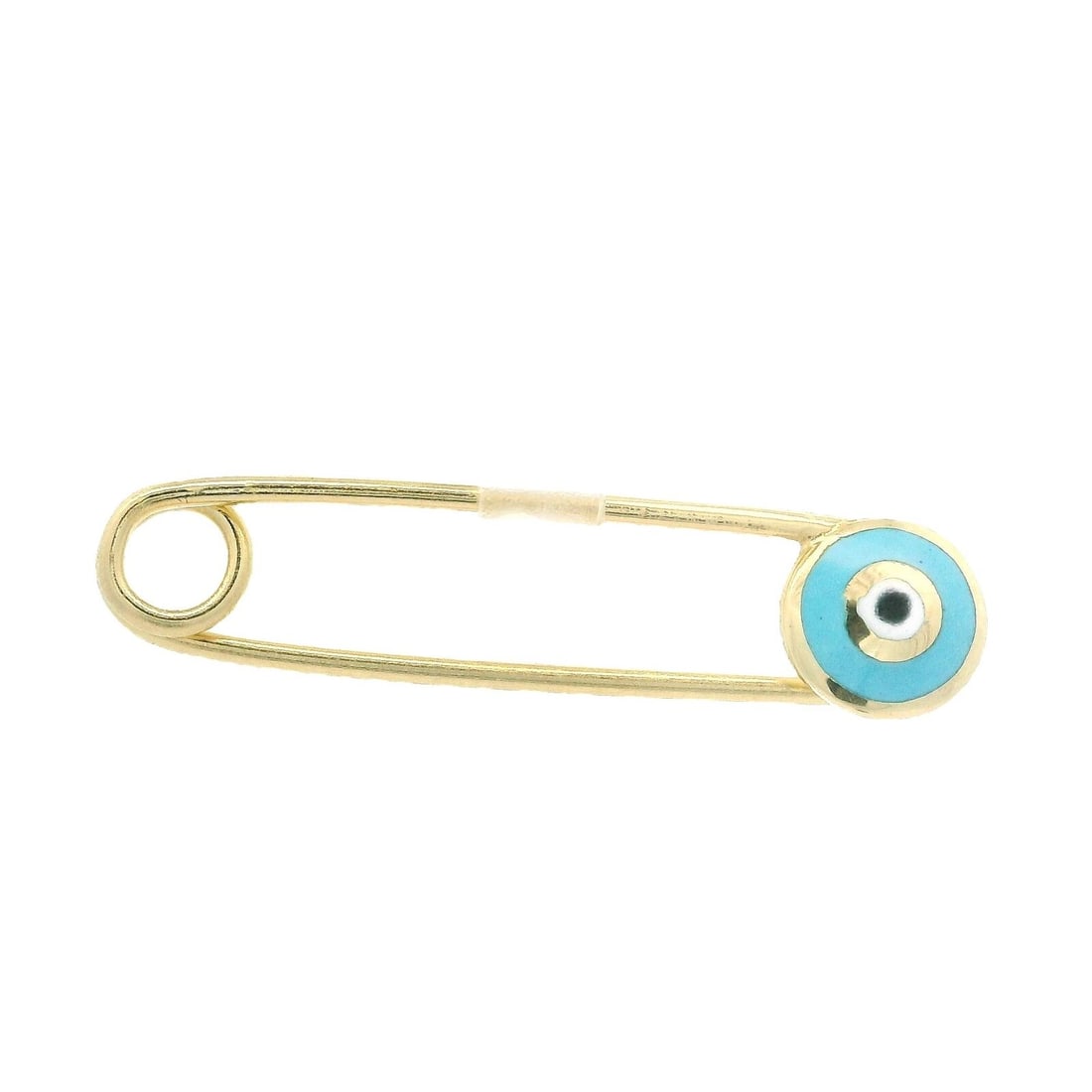 14k Yellow Gold Enamel Evil Eye Baby Safety Pin Charm Holder: 14k Yellow Gold Enamel Evil Eye Baby Safety Pin Charm Holder This charming 14k Yellow Gold Enamel Round Shaped Evil Eye Baby Safety Pin Charm Holder is a delightful addition to any jewelry collection.