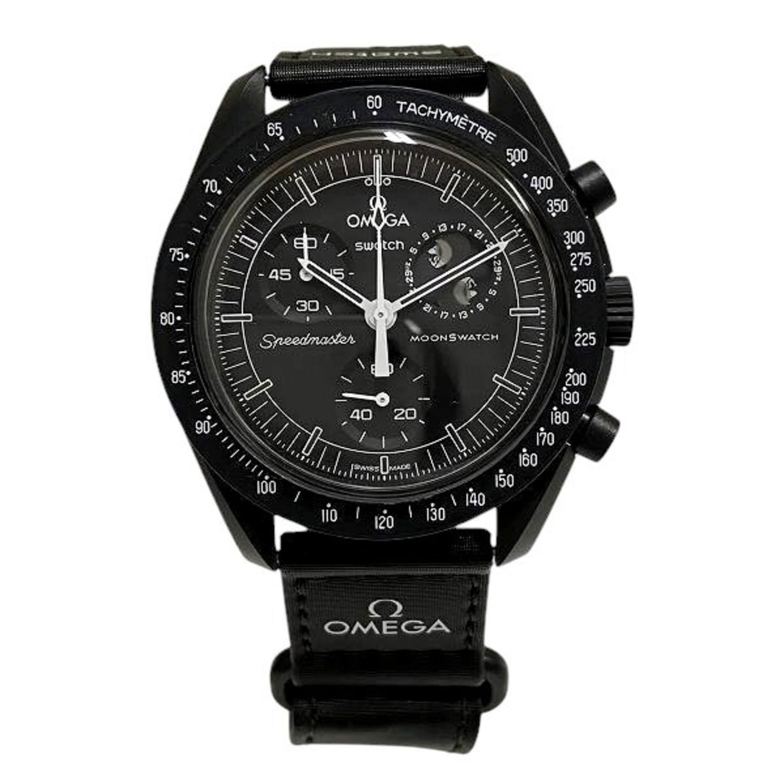 Omega Swatch Mission to the Moon Snoopy Quartz Watch Black Nylon 42mm: Omega Swatch Mission to the Moon Snoopy Quartz Watch Black Nylon 42mm Introducing the Omega x Swatch Mission to the Moon Phase Snoopy S033B700 Quartz Watch for men. This wristwatch features a black di