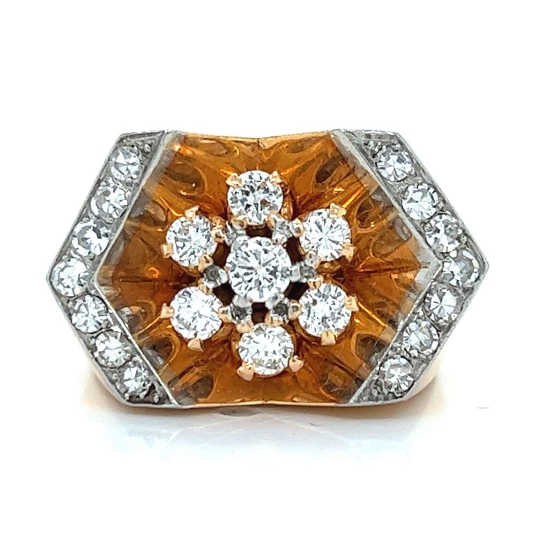 Vintage Retro 18K Yellow Gold Platinum Diamond Ring 1.15 Ct Size 4.5: Vintage Retro 18K Yellow Gold Platinum Diamond Ring 1.15 Ct Size 4.5 This stunning Retro 18K & Platinum ring features a total diamond weight of approximately 1.15 Ct, set with 31 diamonds showcasing G