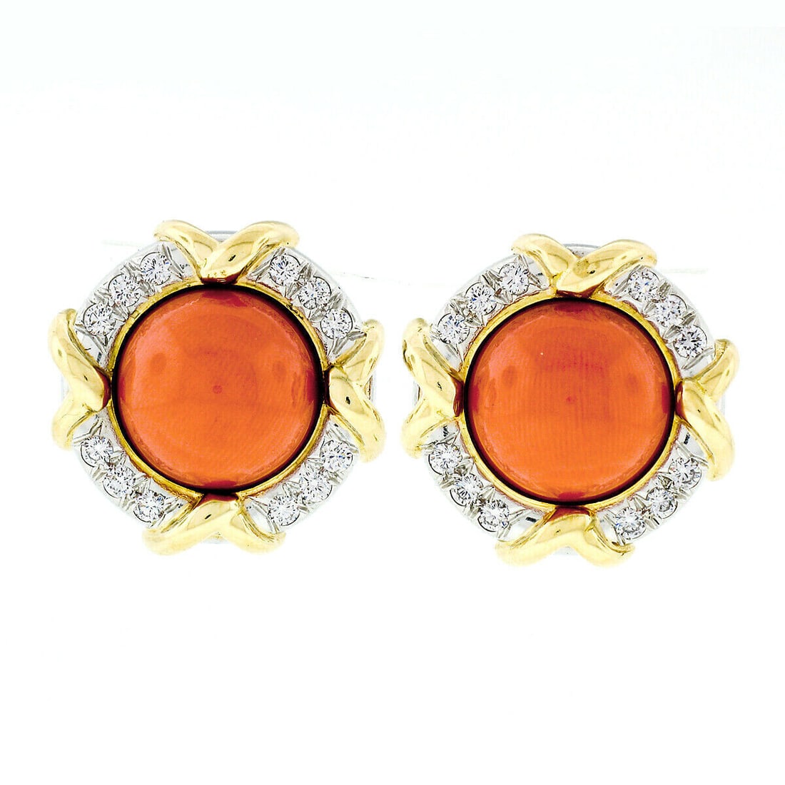 Tiffany & Co. 1985 18k Yellow Gold Platinum Coral Diamond Stud Earrings: Tiffany & Co. 1985 18k Yellow Gold Platinum Coral Diamond Stud Earrings Tiffany & Co. 1985 18k Yellow Gold & Platinum GIA Certified Round Coral Button Earrings featuring 0.75ctw Round Diamond Accents.