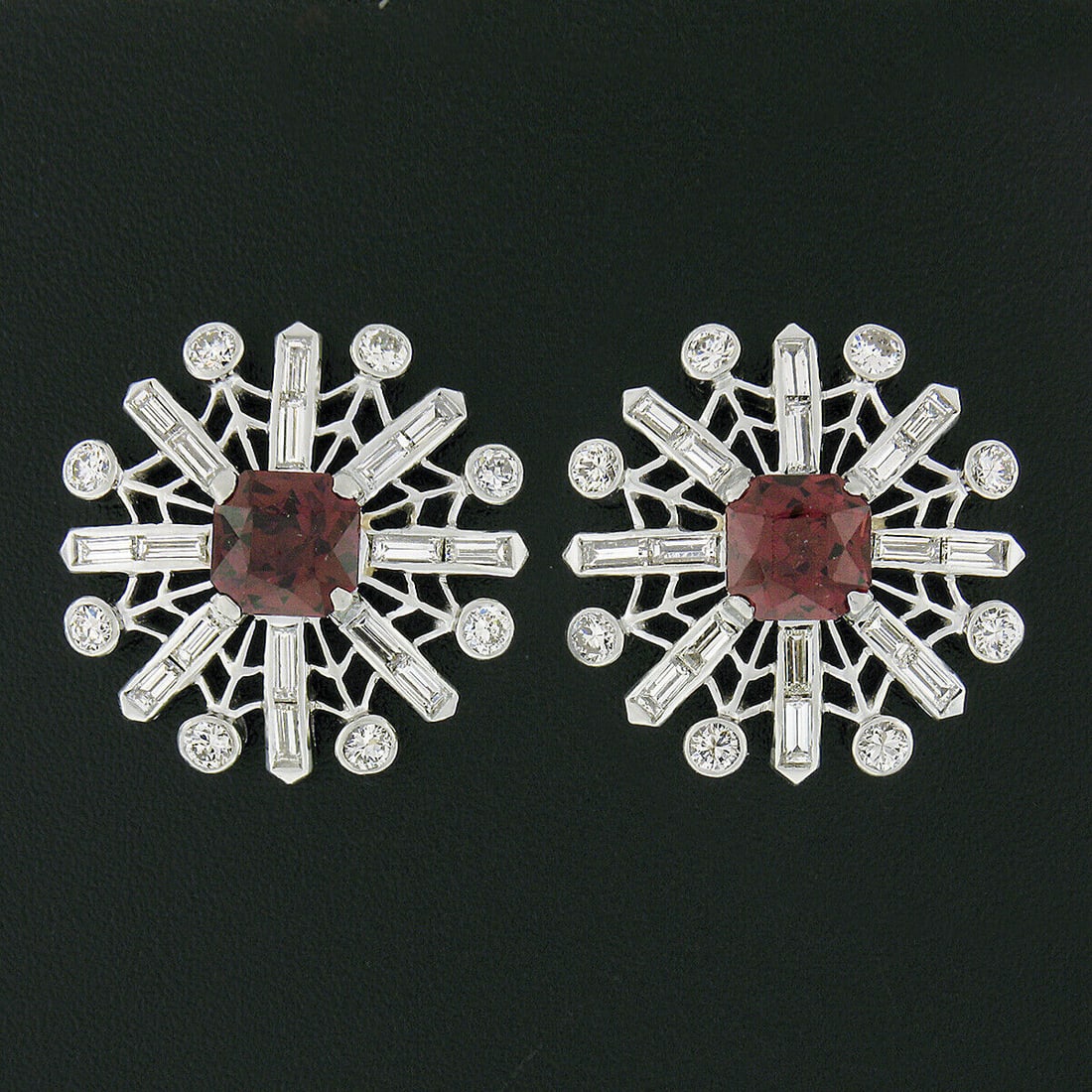 Stunning Vintage Platinum 4.02ctw Rhodolite Garnet Diamond Snowflake Earrings: Stunning Vintage Platinum 4.02ctw Rhodolite Garnet Diamond Snowflake Earrings These vintage platinum earrings feature a stunning design with a total carat weight of approximately 4.02ctw. Crafted from