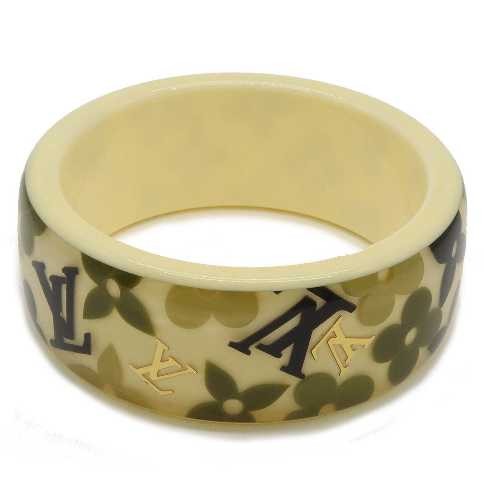 Louis Vuitton Monogram Bangle Beige Green Multi Resin 20cm: Louis Vuitton Monogram Bangle Beige Green Multi Resin 20cm This Louis Vuitton Monogrammed Bracelet Fanlandor Bangle is designed for women and features a stylish combination of beige, green, and multi-