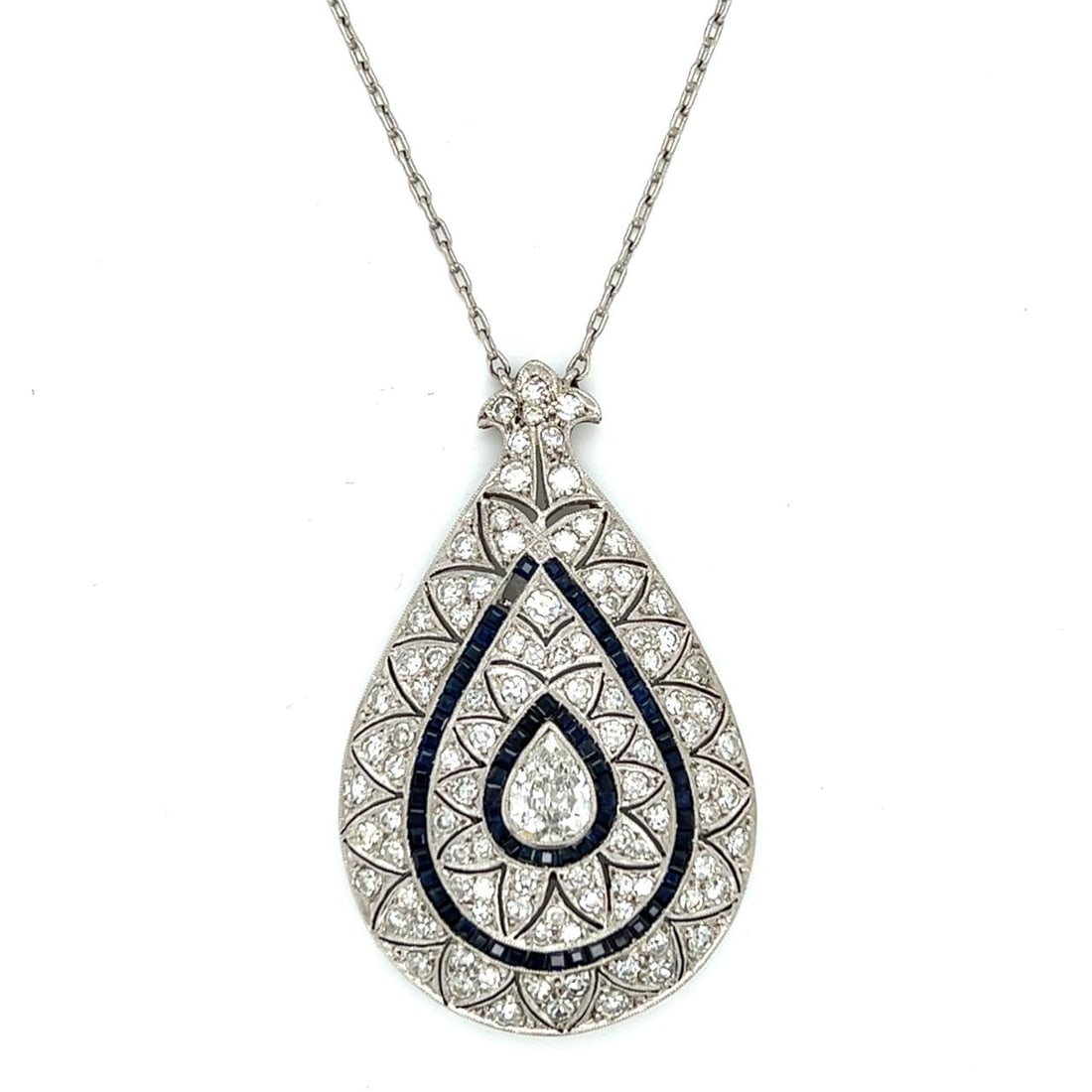 Art Deco Platinum Diamond and Sapphire Necklace: Art Deco Platinum Diamond and Sapphire Necklace Stone Type: Diamonds Sapphires Metal Type: Platinum Other: Vintage Appraisal Price: $18400 Comments: Art Deco Platinum Diamond and Sapphire Necklace Wei
