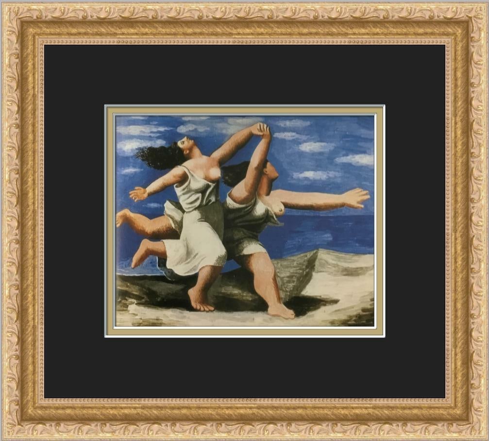 Pablo Picasso Women Running on a Beach Offset Lithograph Print: Pablo Picasso Women Running on a Beach Offset Lithograph Print This stunning custom framed print by Pablo Picasso depicts "Women Running on a Beach," showcasing the artist's signature abstract cubism 
