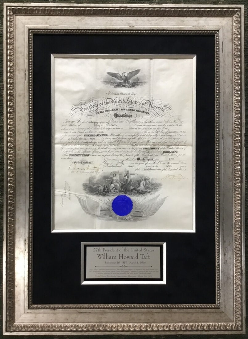William H Taft Signed Appointment Document - 1909, 34" x 25" Framed: William H Taft Signed Appointment Document - 1909, 34" x 25" Framed This is an original signed appointment document by President William H. Taft, dated 1909. The document, measuring 18" x 14", is cust