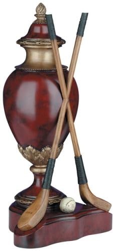 Vintage Style Golf Club Trophy Vase in Red: Vintage Style Golf Club Trophy Vase in Red Embrace the blend of sportsmanship and style with our vintage-inspired Oxblood Red Crossed Golf Club Trophy Vase. Standing proudly at 16.25 inches high with 