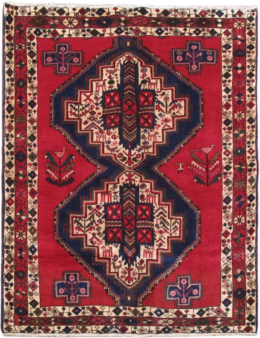 Hand-Knotted 5 x 6.5 Red Blue Persian Hamadan Area Rug: Hand-Knotted 5 x 6.5 Red Blue Persian Hamadan Area Rug Enhance your space with this exquisite 5 x 6'5 Red Persian Hamadan Rug, meticulously hand-knotted for superior quality. This area rug features a 