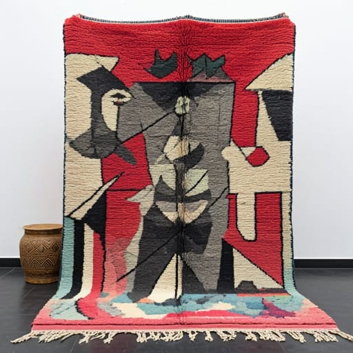 102 Inch by 110 Inch Moroccan Berber Picasso-Inspired Wool Rug: 102 Inch by 110 Inch Moroccan Berber Picasso-Inspired Wool Rug Transform your living space with this exquisite 102 x 110 Moroccan Berber rug, beautifully blending traditional Amazigh motifs with a mod