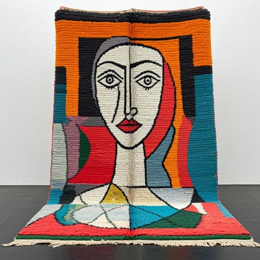 Moroccan Berber Rug 98in x 102in Picasso-Inspired Wool: Moroccan Berber Rug 98in x 102in Picasso-Inspired Wool This exquisite Moroccan Berber rug showcases a captivating blend of traditional Amazigh motifs and a modern, Picasso-inspired design. It features