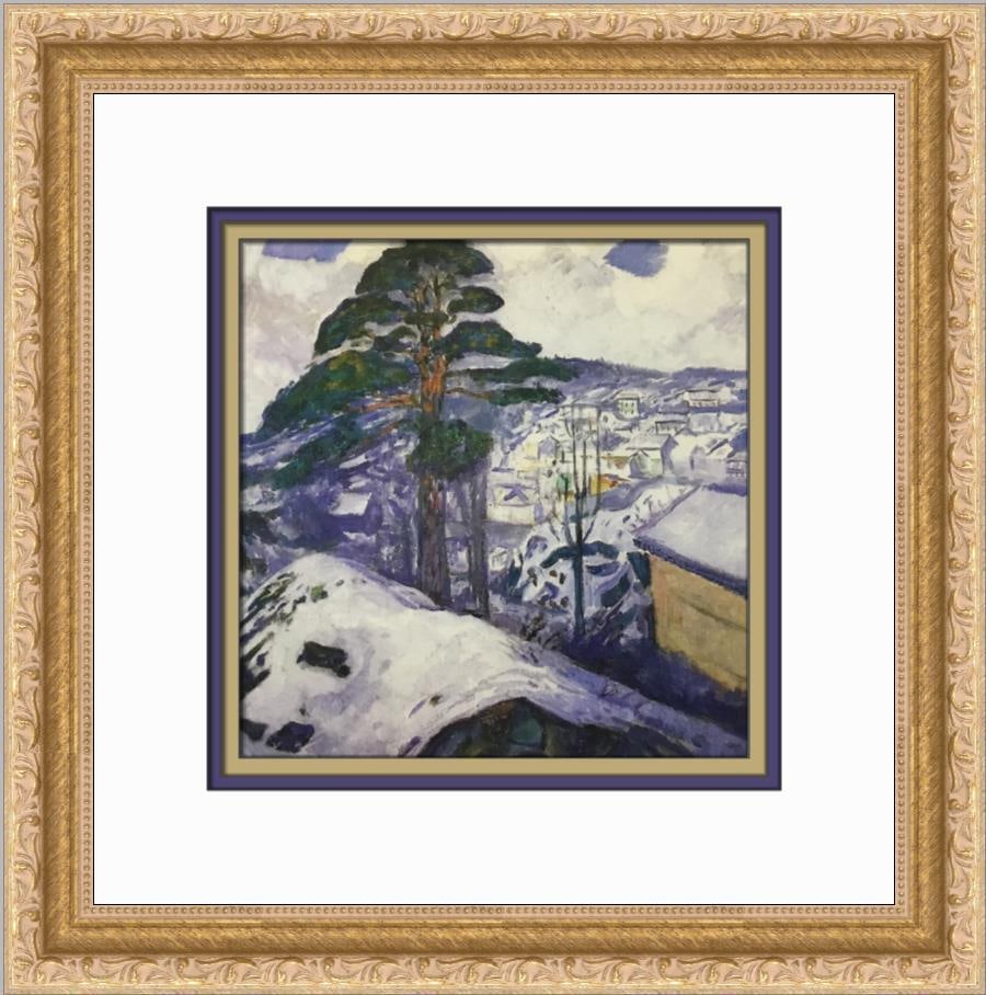 Winter In Kragero by Edvard Munch, Framed Lithograph, 1988: Winter In Kragero by Edvard Munch, Framed Lithograph, 1988 This exquisite custom framed print titled "Winter In Kragero" by renowned artist Edvard Munch captures a stunning landscape scene with a real