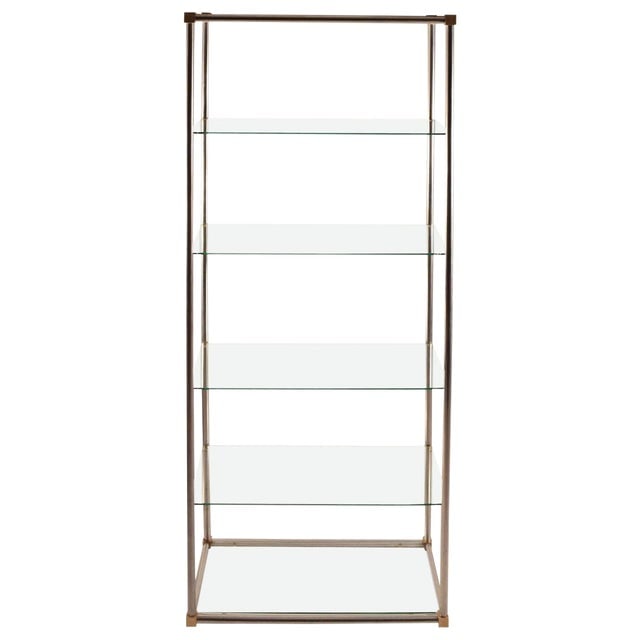 Mid-Century Modern Aluminum Brass Etagere Vitrine by John Vesey: Mid-Century Modern Aluminum Brass Etagere Vitrine by John Vesey This striking Aluminum and Brass Etagere Vitrine by designer John Vesey is an exquisite piece from the 1960s, embodying the Hollywood Re