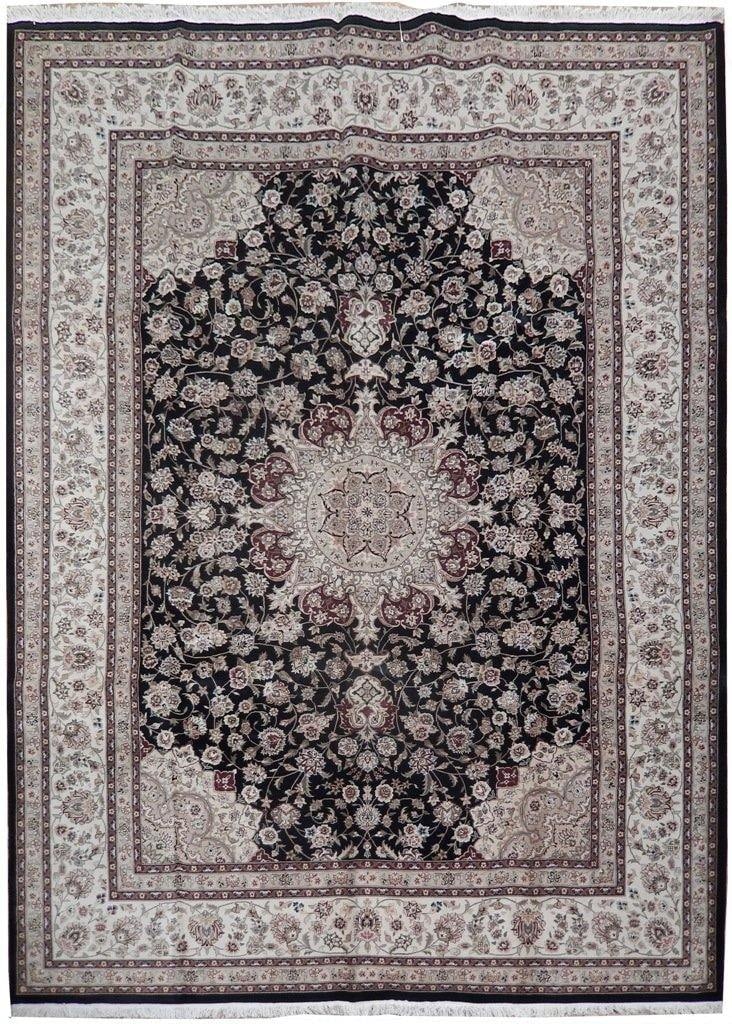 Elegant Black Ivory Handmade Sino Tabriz Wool Silk Rug 8.6 x 11.6: Elegant Black Ivory Handmade Sino Tabriz Wool Silk Rug 8.6 x 11.6 Experience the elegance of this 8'6" x 11'6" magnificent Sino Tabriz rug, crafted with care in China. This exquisite piece features a 
