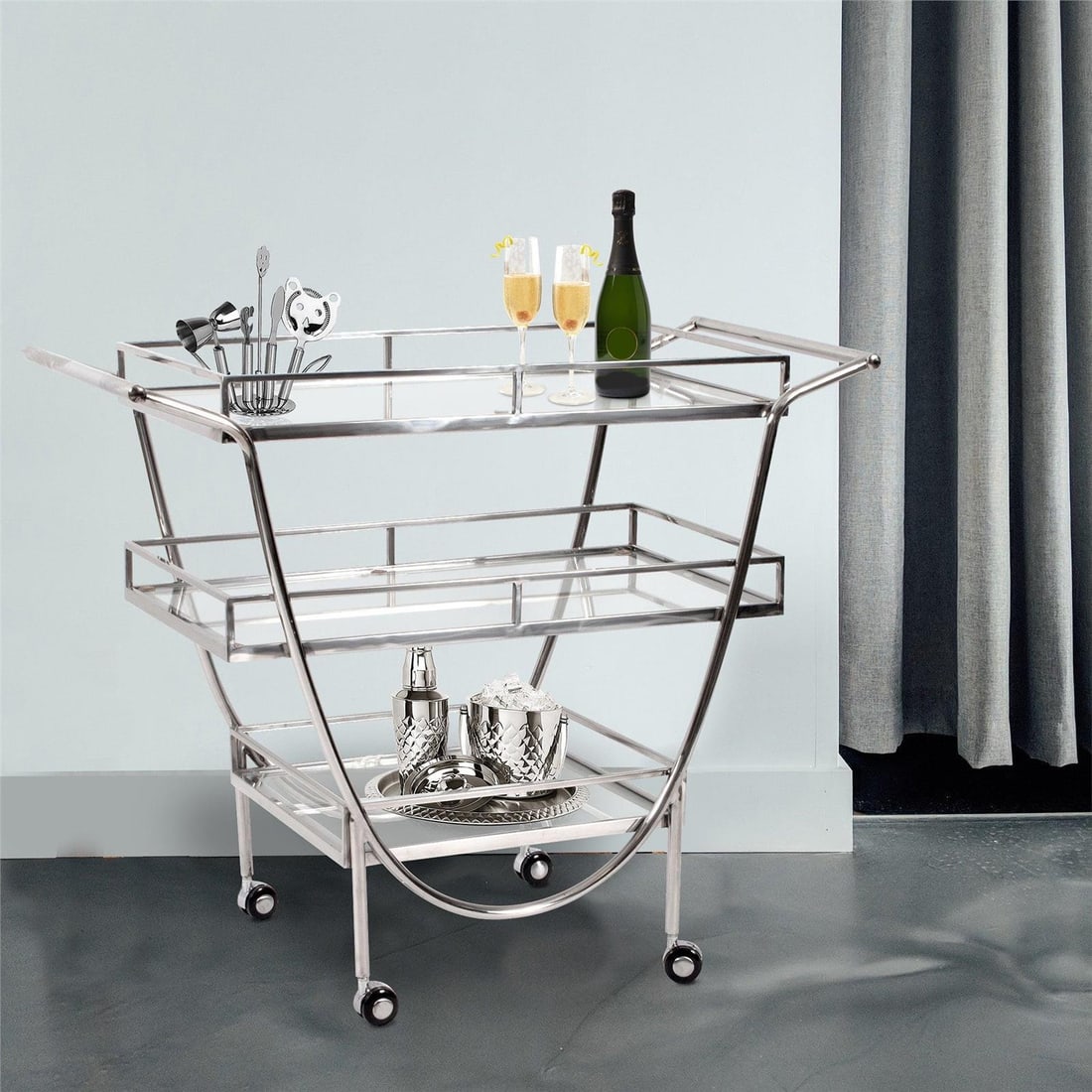 Sleek Silver Bar Cart for Stylish Entertaining: Sleek Silver Bar Cart for Stylish Entertaining Introducing a timeless masterpiece designed for those who value both elegance and practicality: the Silver Stainless Steel Bar Cart. This opulent piece e