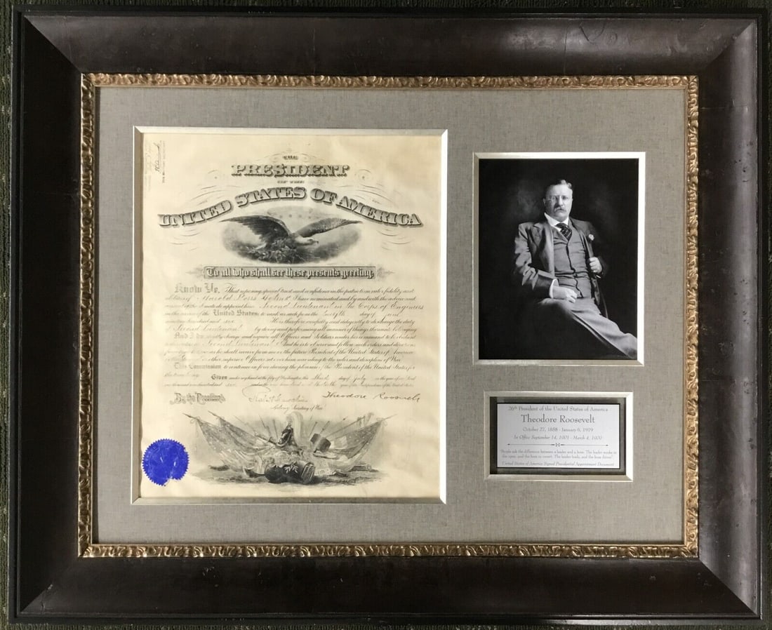 Theodore Roosevelt Signed Appointment Document Custom Framed with JSA LOA: Theodore Roosevelt Signed Appointment Document Custom Framed with JSA LOA This stunning custom-framed appointment document is signed by President Theodore Roosevelt, a significant piece for any presid