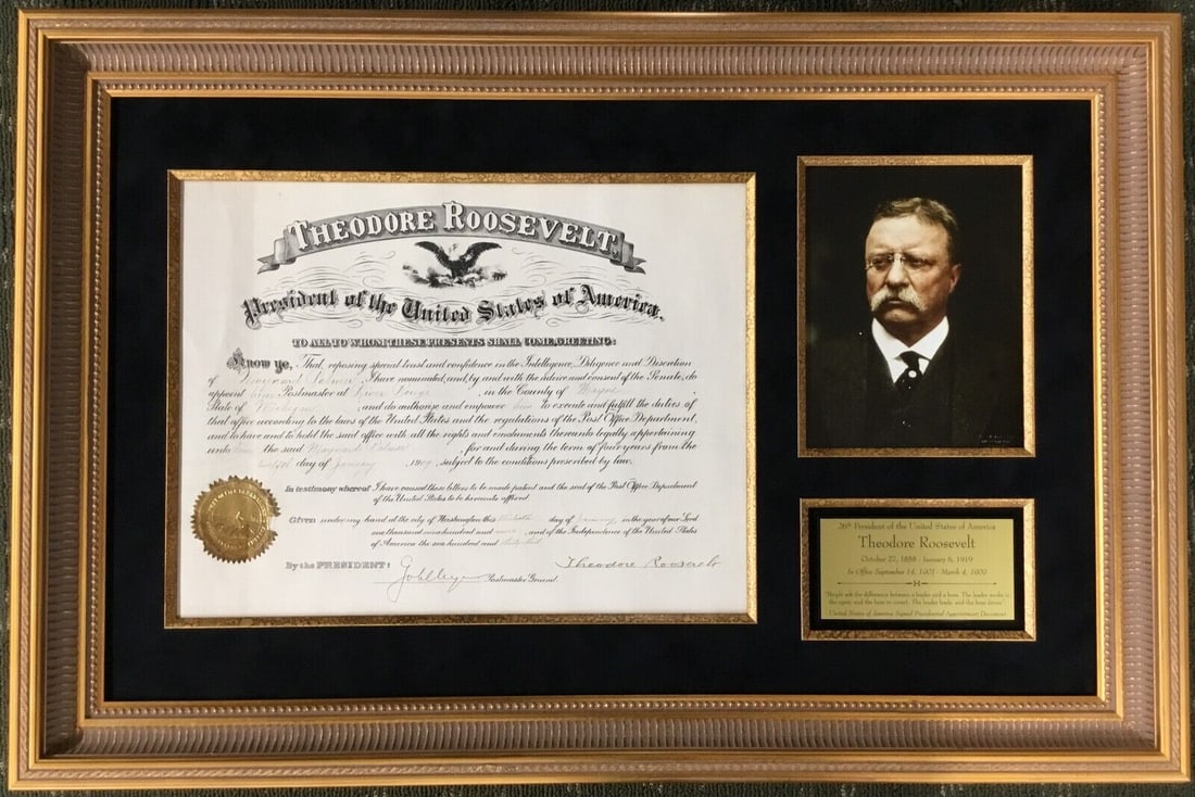 Theodore Roosevelt Signed Appointment Document Custom Framed 23x35 JSA LOA: Theodore Roosevelt Signed Appointment Document Custom Framed 23x35 JSA LOA This is an original signed appointment document by President Theodore Roosevelt, beautifully custom framed to enhance its his
