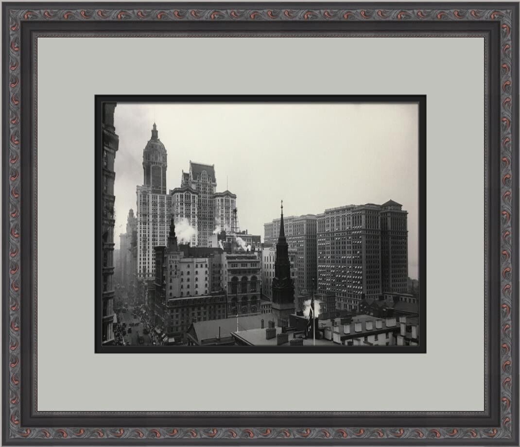 1910 Looking Down Broadway from the Post Office Singer City Framed Print: 1910 Looking Down Broadway from the Post Office Singer City Framed Print This beautiful custom framed print titled "1910 Looking Down Broadway from the Post Office Singer City" captures a historic vie