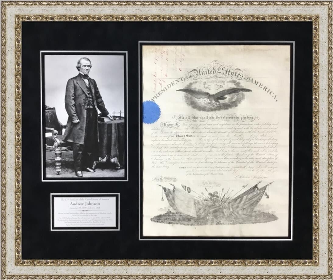 Andrew Johnson Signed 1885 Document Custom Framed with JSA Authentication: Andrew Johnson Signed 1885 Document Custom Framed with JSA Authentication This exquisite piece features a signed document from President Andrew Johnson, an important figure in American history. Dated 