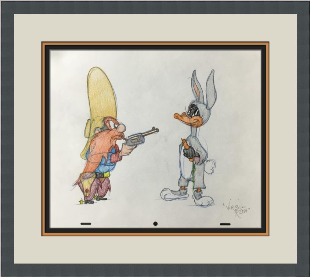 Original Model Sheet Drawing of Daffy Duck & Yosemite Sam Signed by Virgil Ross: Original Model Sheet Drawing of Daffy Duck & Yosemite Sam Signed by Virgil Ross This original signed model sheet drawing features the iconic characters Yosemite Sam and Daffy Duck, created by the reno