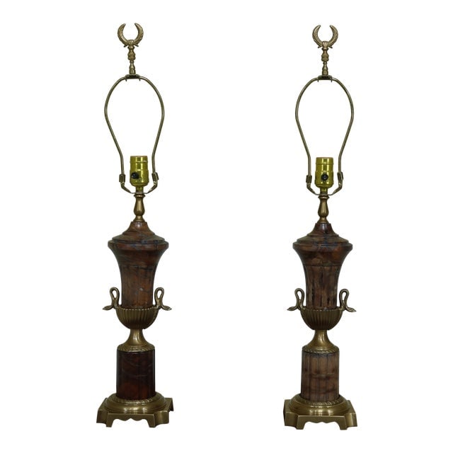 Frederick Cooper Regency Brass Urn Lamps Pair with Swan Heads 28.5 Inches: Frederick Cooper Regency Brass Urn Lamps Pair with Swan Heads 28.5 Inches This stunning pair of Frederick Cooper lamps showcases exquisite Regency style with intricate swan head details. Crafted appro