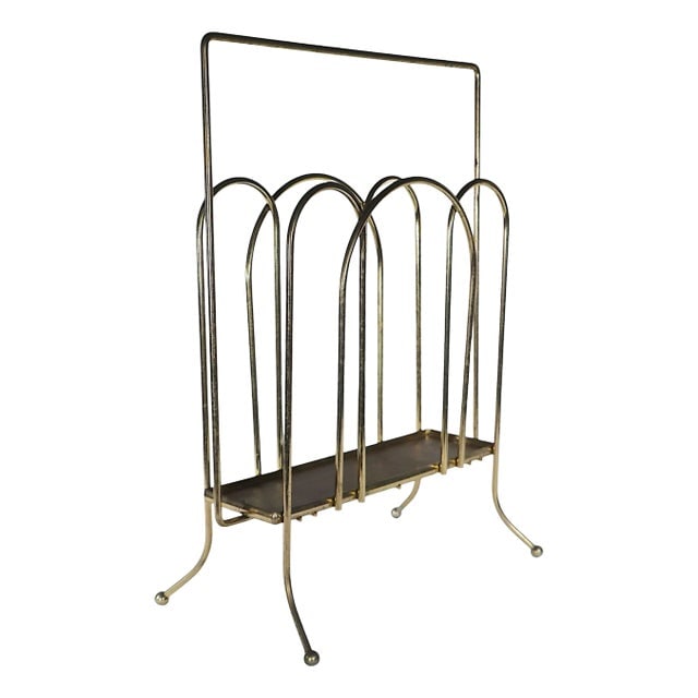 Vintage Mid Century Magazine Rack Brass Iron Faux Wood 14.25 inches: Vintage Mid Century Magazine Rack Brass Iron Faux Wood 14.25 inches Add a touch of vintage elegance to your space with this chic mid-century magazine rack from the 1950s/60s. Crafted with brass-plated