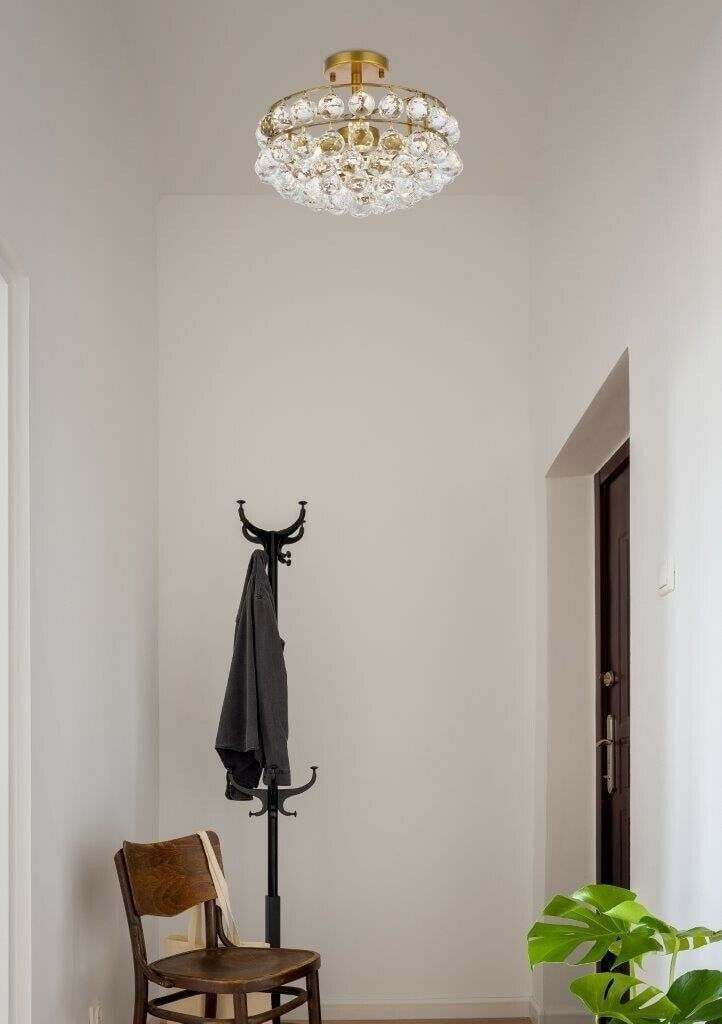 Modern Brass Ceiling Chandelier with 3 Lights and Crystal Accents: Modern Brass Ceiling Chandelier with 3 Lights and Crystal Accents Illuminate your space with this elegant Brass Kitchen Dining Room Bedroom Ceiling Crystal Chandelier. Featuring a modern design, this 