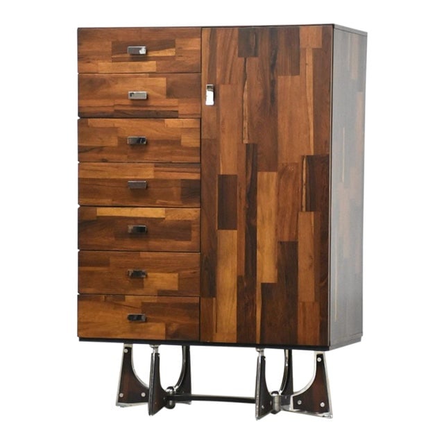 1970s Brutalist Armoire by Henri Vallieres in Rosewood and Chrome: 1970s Brutalist Armoire by Henri Vallieres in Rosewood and Chrome This stunning mid-century modern armoire dresser, designed by Henri Vallieres, showcases a unique Brutalist style. Crafted from rich r